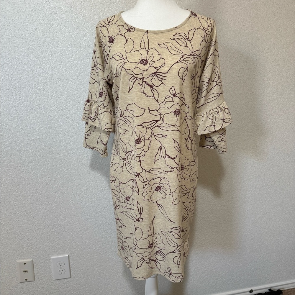 Bobeau Floral Ruffle Sleeve Brushed Knit Dress